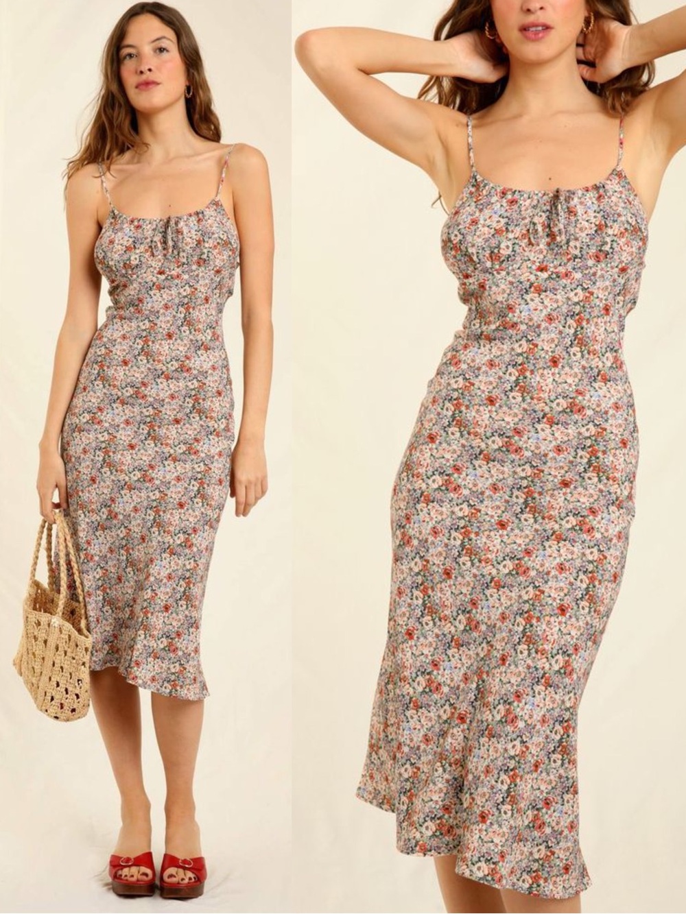 ROUJE Cream Pink Purple Floral Printed Retro Spaghetti Strap Daria Midi Dress 44